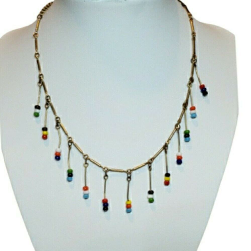 Vintage Boho Ethnic Necklace Waterfall Glass Bead Layers Multi Color Beachy